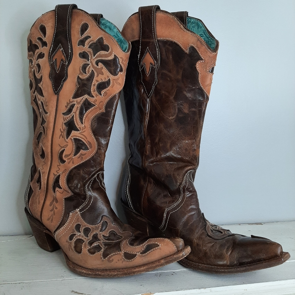 Corral Western Boots C1933 Women's 9M Brown Tan Tooled Leather